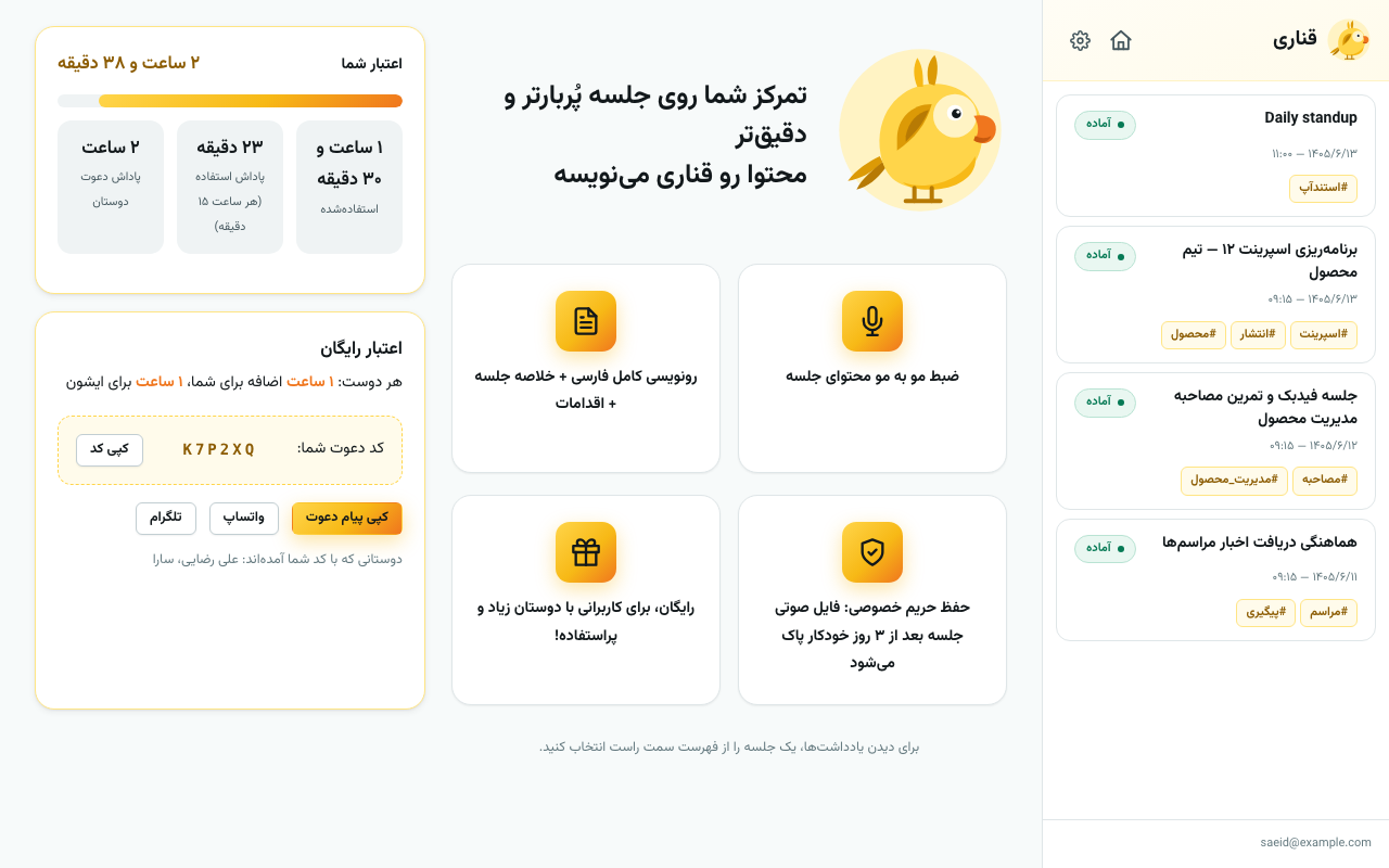 صفحه اصلی قناری با فهرست جلسه‌ها و اعتبار